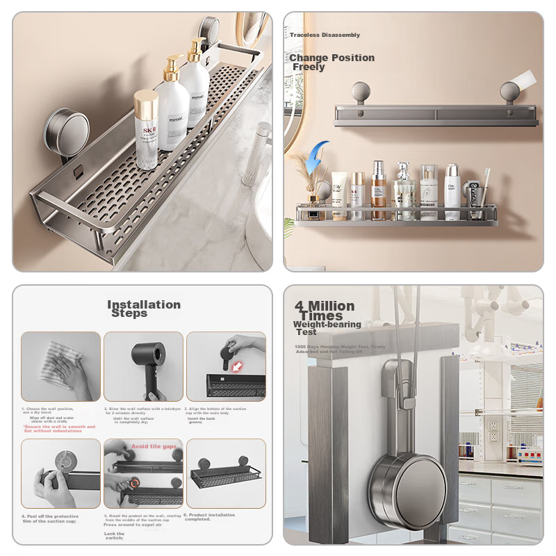 YWEEL Suction Cup Storage Rack, Bathroom Wall-Mounted Organizer, No Drilling Req...