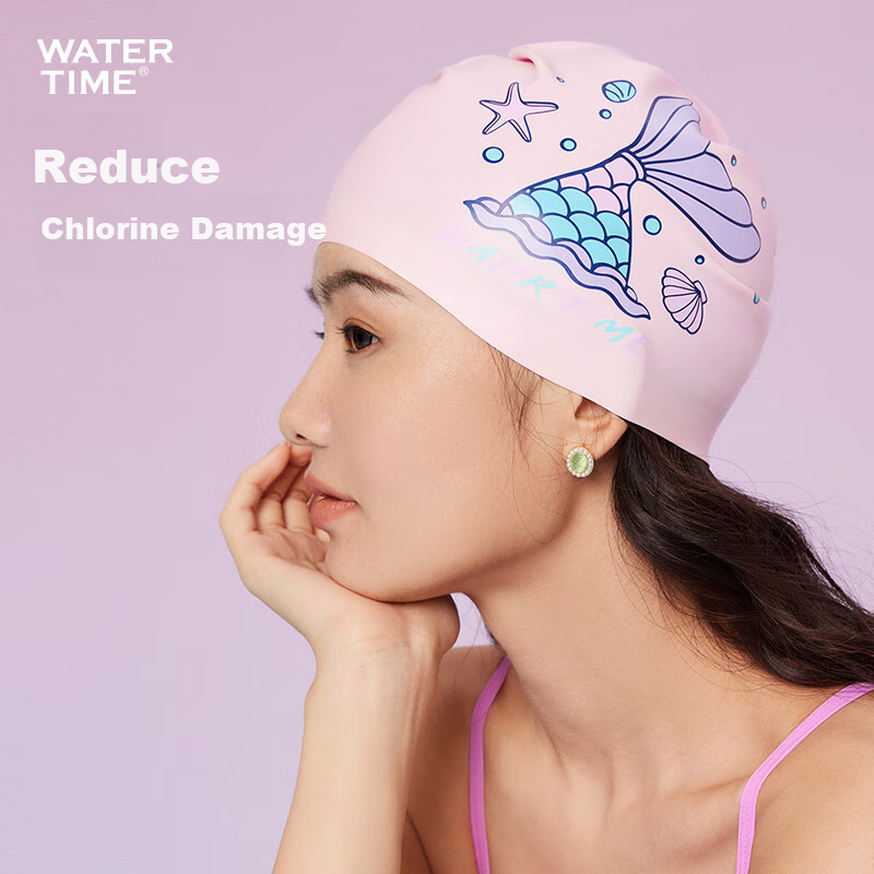 WATERTIME Silicone Printed Women's Long Hair Extra Large Swimming Cap Mermaid/Wh...