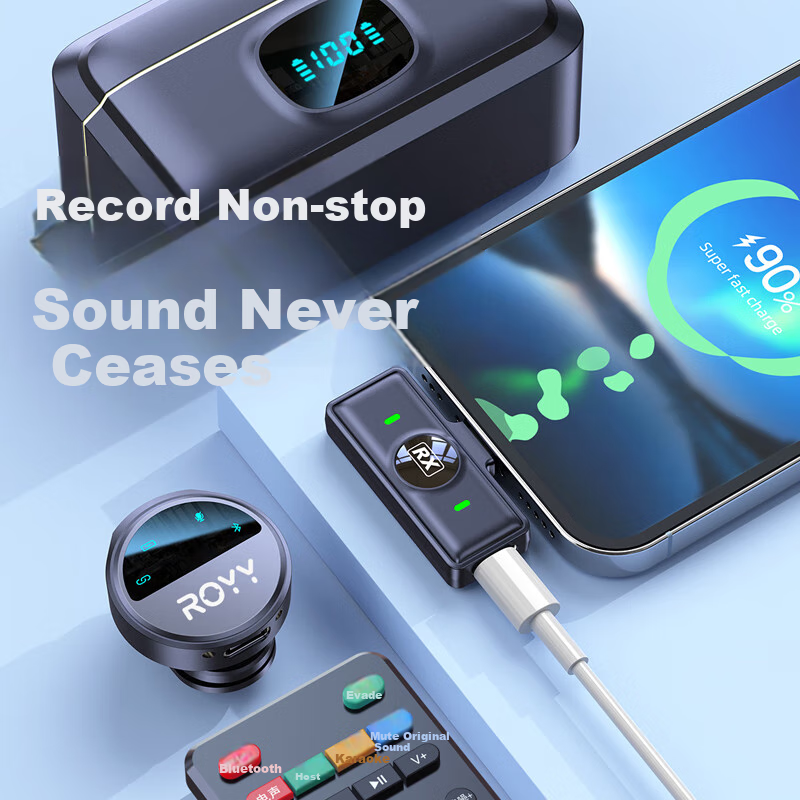 Royy 2-in-1 Wireless Lavalier Microphone with Sound Card for Smartphone Camera L...