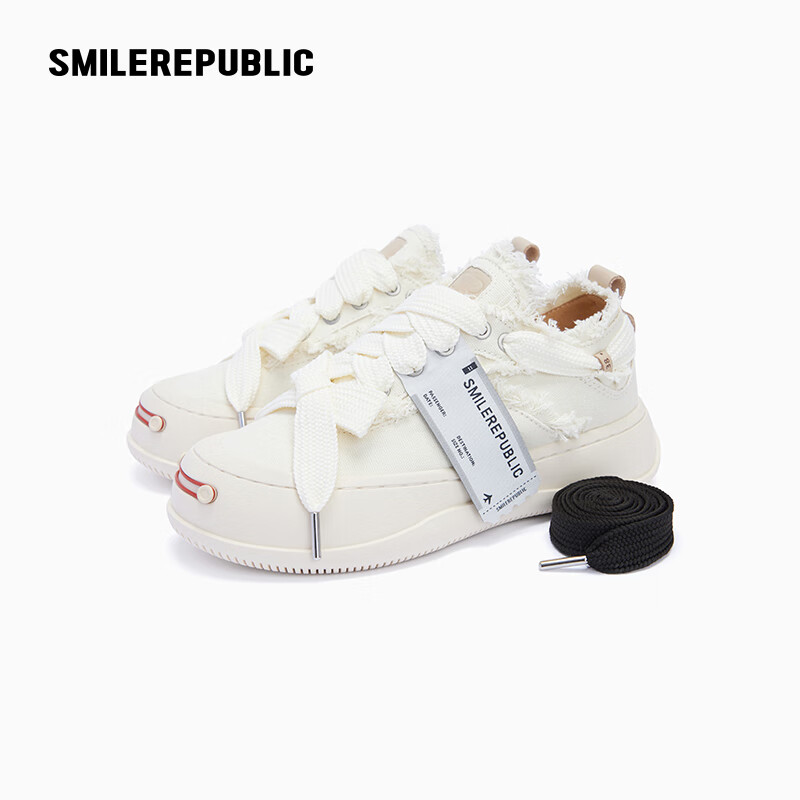 SmileRepublic Black and White Low-Top Open-Toe Smiley Platform Canvas Shoes Whit...