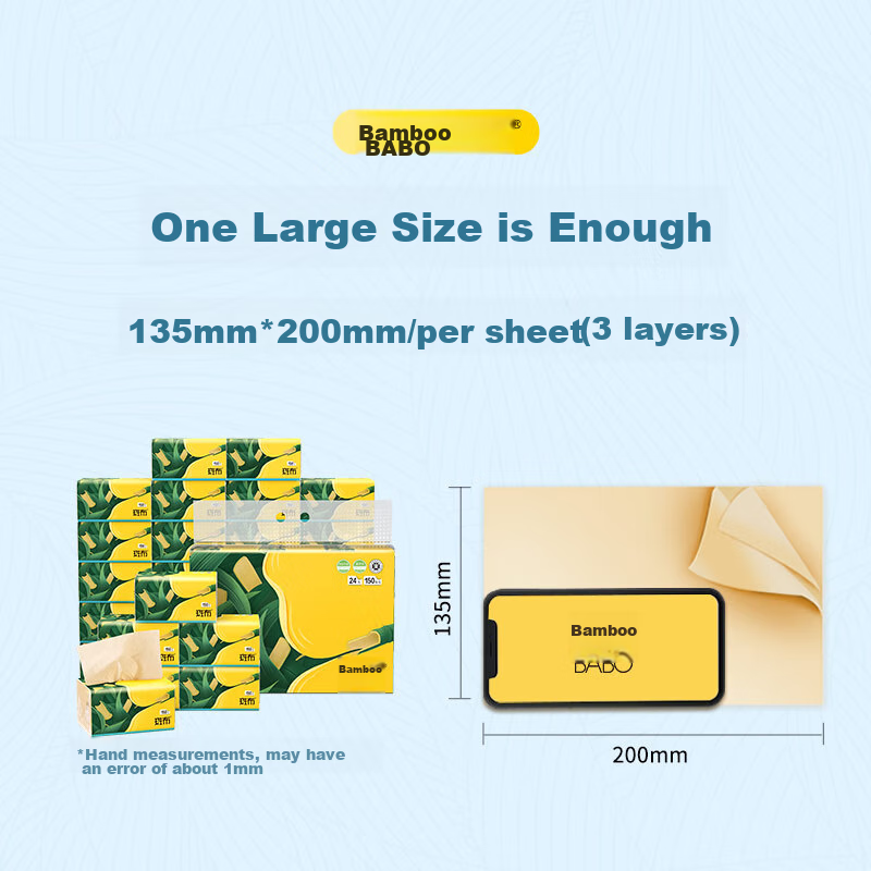 Bambu Facial Tissues, 3-Ply, 150 Sheets*24 Packs, Extra Large S Size, Virgin Bam...