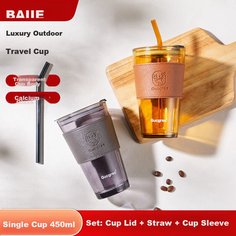 Baijie Glass Water Cup, Bamboo Joint Cup with Straw, Cup with Lid, Coffee Cup, G...