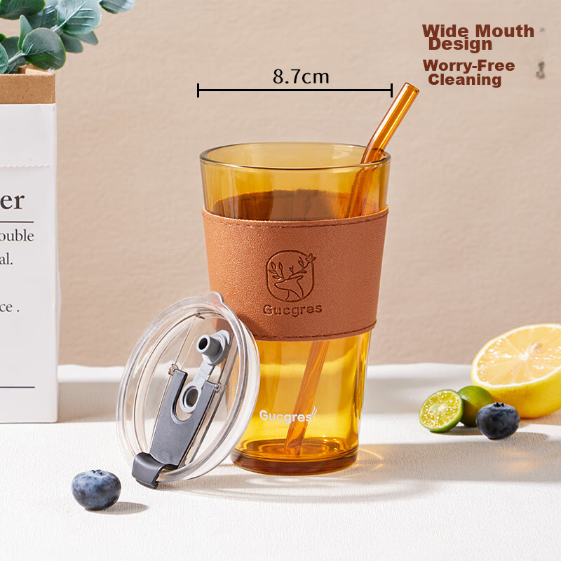 Baijie Glass Water Cup, Bamboo Joint Cup with Straw, Cup with Lid, Coffee Cup, G...