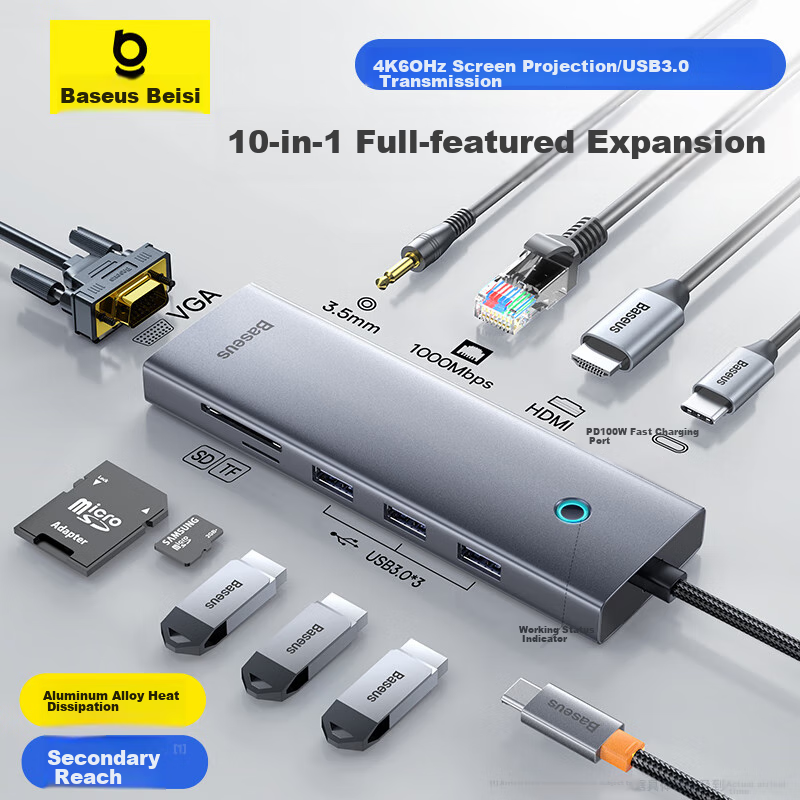 Baseus Expansion Dock, Type-C Hub Charger, Splitter, Gigabit Ethernet Port, 4K 6...