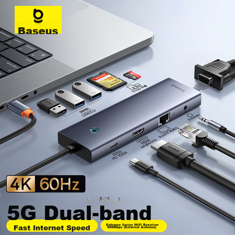 Baseus Expansion Dock, Type-C Hub Charger, Splitter, Gigabit Ethernet Port, 4K 6...