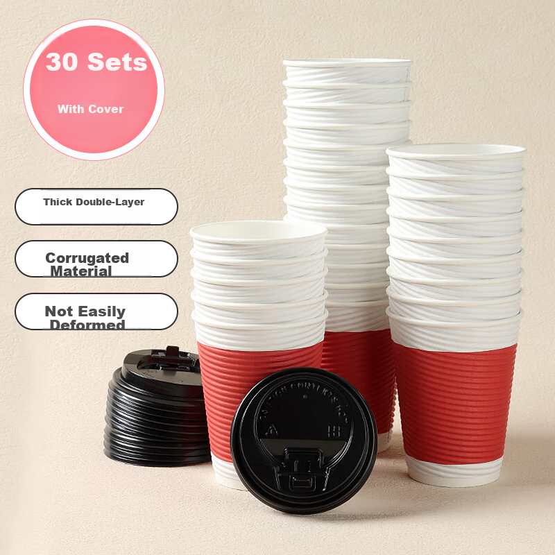 Baijie Disposable Coffee Cups with Lids, Large Size, 30 Sets * 350ml, Double-Lay...