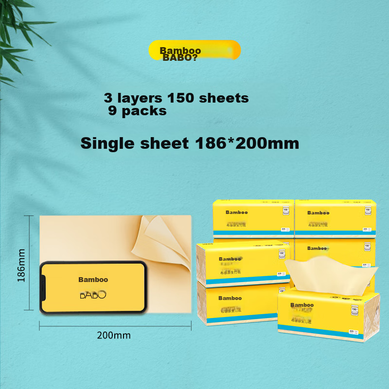 Bambu Facial Tissues, 3-Ply, 150 Sheets*9 Packs, Large Size, Virgin Bamboo Pulp,...