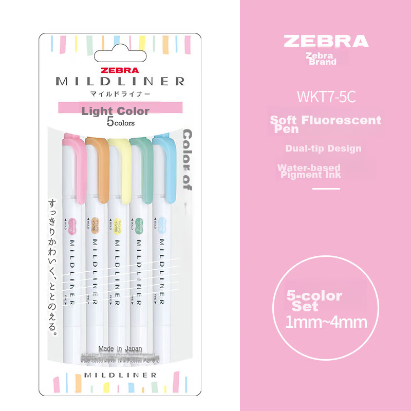 ZEBRA Double-Ended Soft Highlighter WKT7, 5-Color Set, Mildliner Series Single-C...