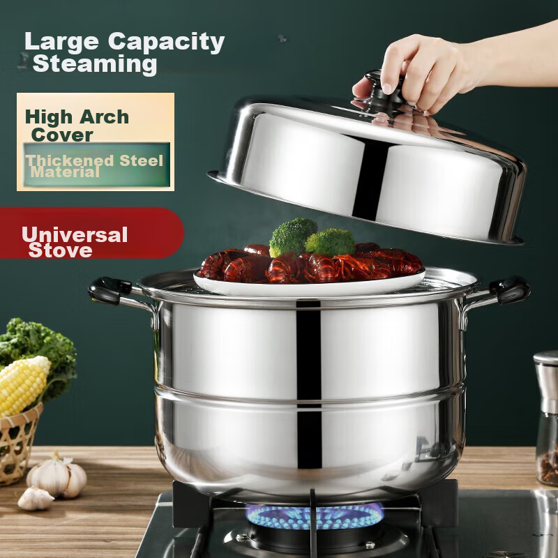 BAYCO Stainless Steel Steamer Pot, 30cm, Double-Layer, Thickened, Compatible wit...