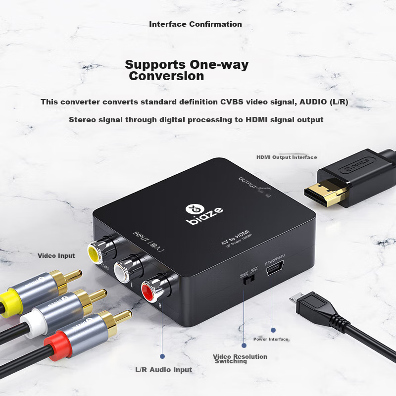 Biaze AV to HDMI Cable Converter, 3RCA to HDMI Adapter, USB Powered, AV Interfac...