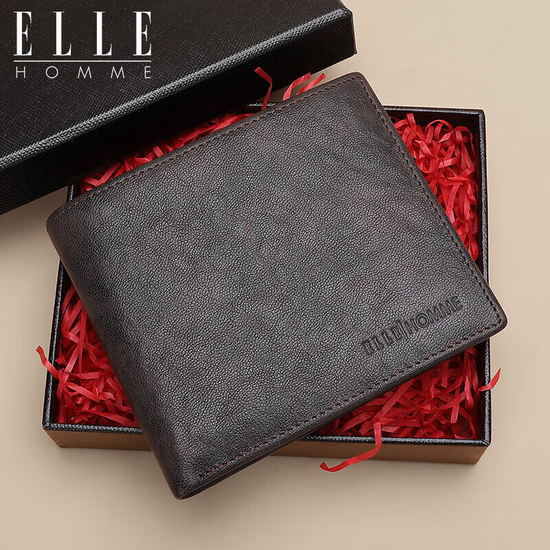 ELLE HOMME Men's Short Wallet, Top-Grain Leather Multifunctional Billfold, Horiz...