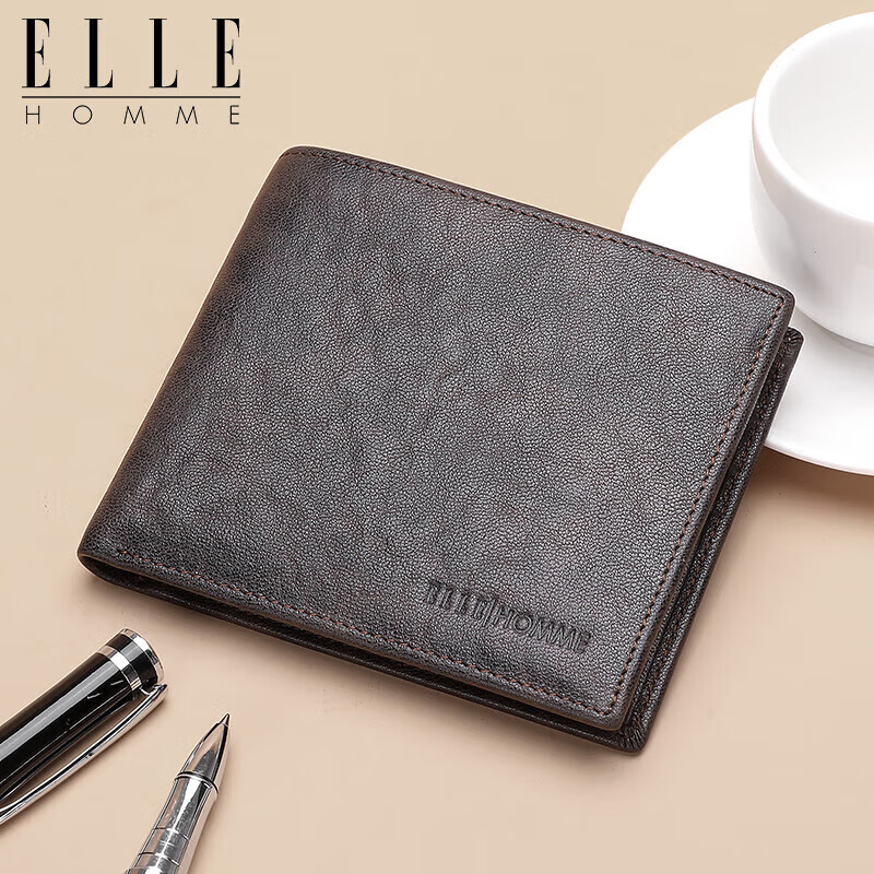 ELLE HOMME Men's Short Wallet, Top-Grain Leather Multifunctional Billfold, Horiz...