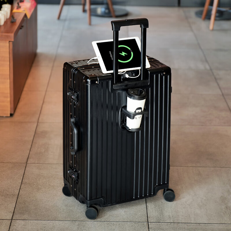 DULA Aluminum Frame Suitcase, High-End Trolley Case with Cup Holder, USB Chargin...