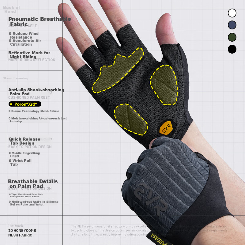 EVR Cycling Gloves Half Finger Summer Short Finger Double Shock Absorption White...