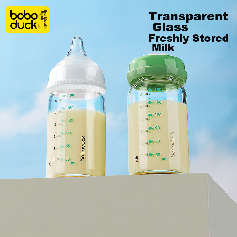 Boboduck Wide-Mouth Glass Breast Milk Storage Bottle for Newborns, 180ml Capacit...