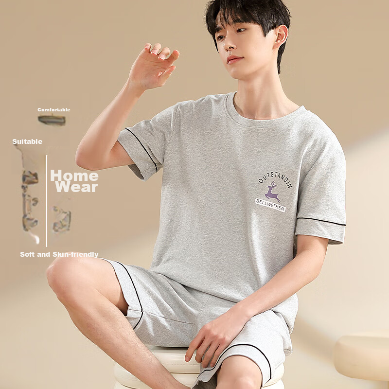 NanJiren Men's Pajamas, Summer Cotton Short-Sleeve Shorts, Wearable Outside, Cas...