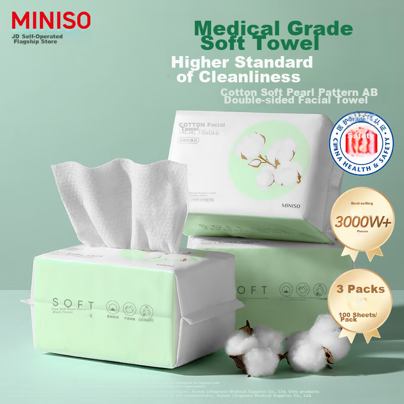 MINISO Facial Cleansing Wipes, Disposable Fiber Soft Tissues, Dual-Use for Dry A...