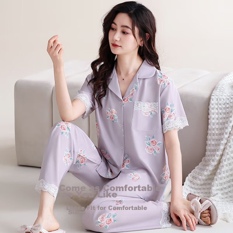 NanJiren Women's Pajamas, Summer Ice Silk, Wearable Outside, Short-Sleeve Long P...