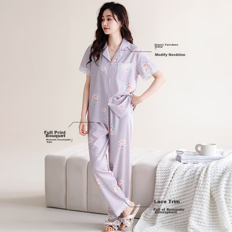 NanJiren Women's Pajamas, Summer Ice Silk, Wearable Outside, Short-Sleeve Long P...