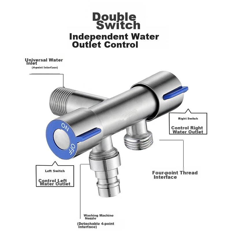 Pupi Dual-Row Washing Machine Faucet, 304 Stainless Steel Angle Valve, One-In Wa...