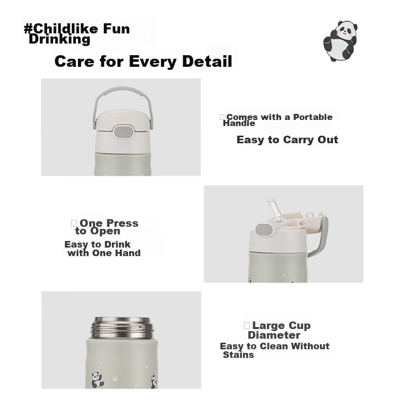 Thermos Children's Insulated Cup, Student Straw Water Bottle, Panda Series Water...