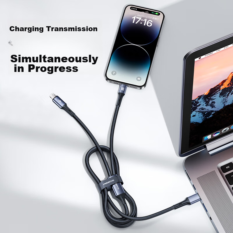 Pisen Apple Charging Cable, Dual-Head Type-C Data Cable, Two-In PD60W, One-To Ca...