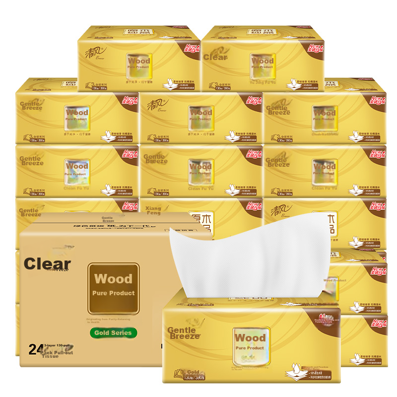 Qingfeng Facial Tissues, Original Wood Gold Edition, 3-Ply, 130 Sheets*24 Packs,...
