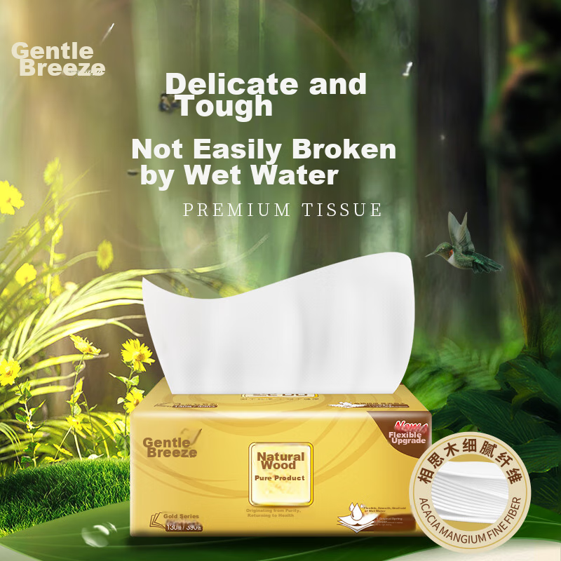 Qingfeng Facial Tissues, Original Wood Gold Edition, 3-Ply, 130 Sheets*24 Packs,...