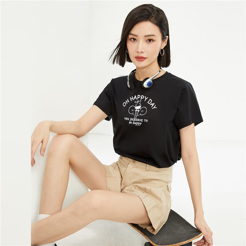 ZARA Women's Cotton Knit T-shirt with Daily Elephant Print Round Neck Short Slee...