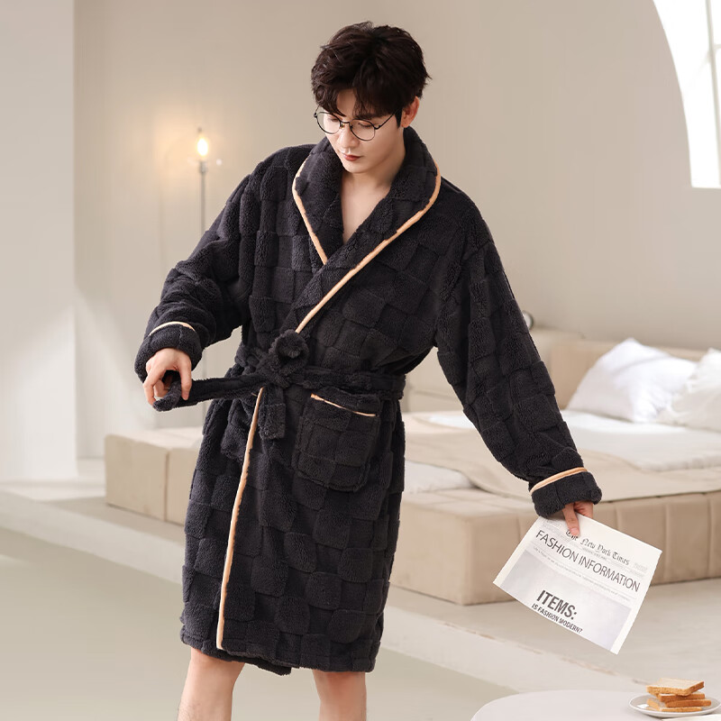 Langsha Winter Couple's Bathrobe, Coral Fleece, Thickened Warm Sleepwear, Bath T...