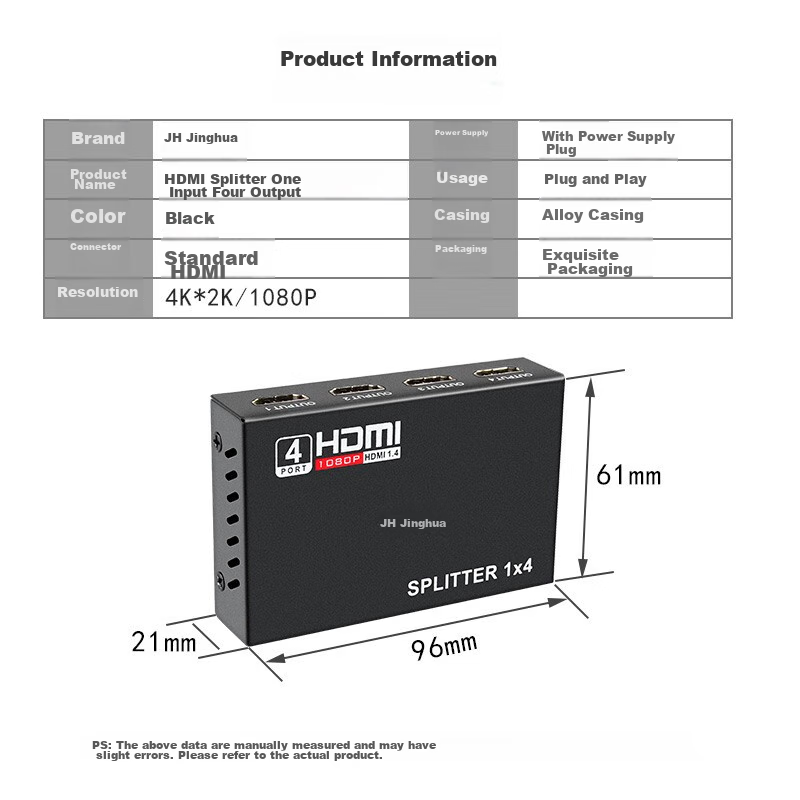 Jinghua HDMI Splitter, One Input Four Outputs, 4K HD Video Splitter, Screen Mirr...