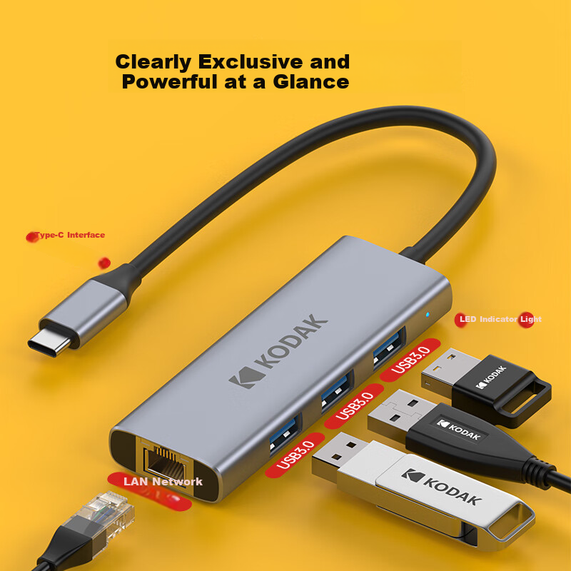 Kodak Type-C Splitter Hub T343 High-Speed 4-Port Hub Expansion Dock Gigabit Ethe...