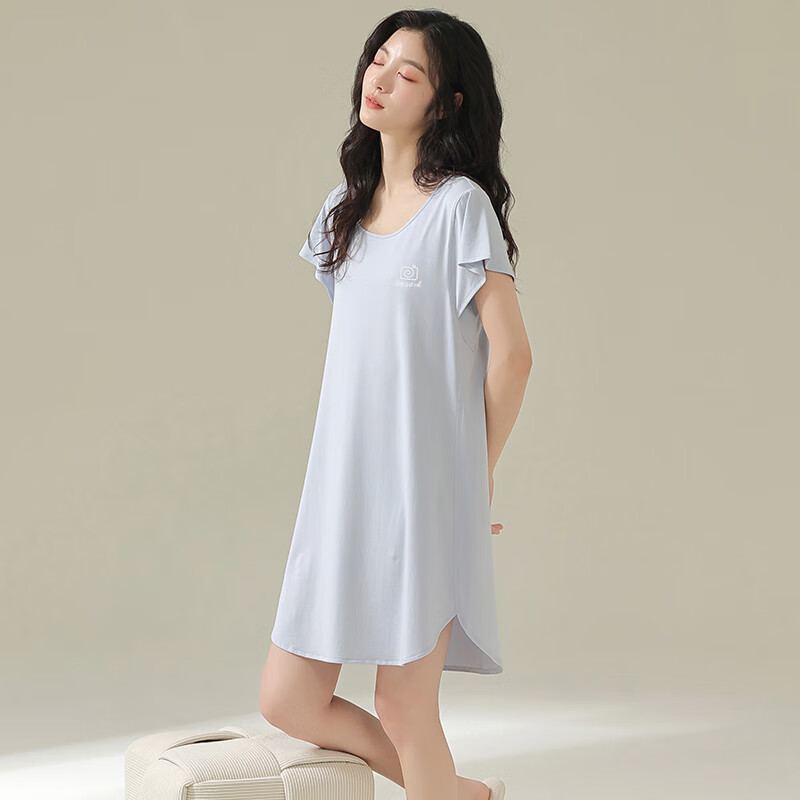 Langsha Women's Nightgown, Summer Thin Modal Ice Silk Short-Sleeve Nightwear, Pl...