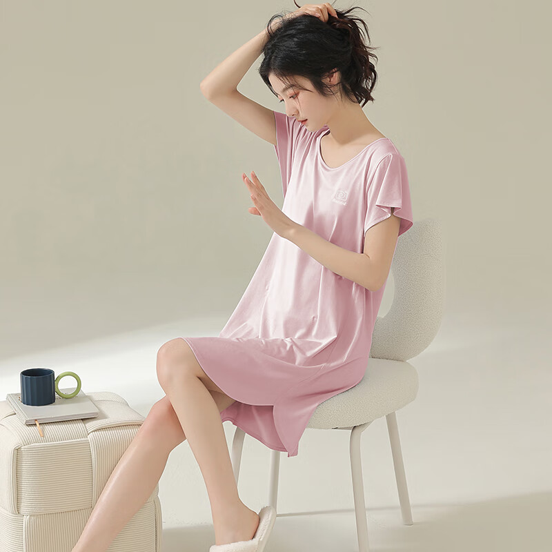 Langsha Women's Nightgown, Summer Thin Modal Ice Silk Short-Sleeve Nightwear, Pl...