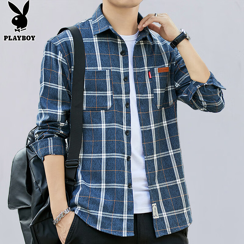 Playboy Long-Sleeve Shirt for Men, Loose Fit, Spring And Autumn Trendy Plaid Shi...