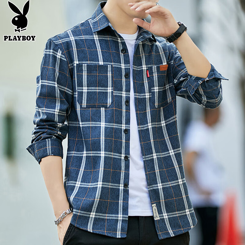 Playboy Long-Sleeve Shirt for Men, Loose Fit, Spring And Autumn Trendy Plaid Shi...