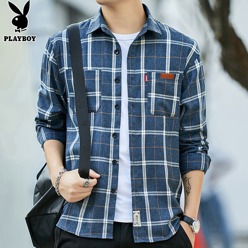 Playboy Long-Sleeve Shirt for Men, Loose Fit, Spring And Autumn Trendy Plaid Shi...