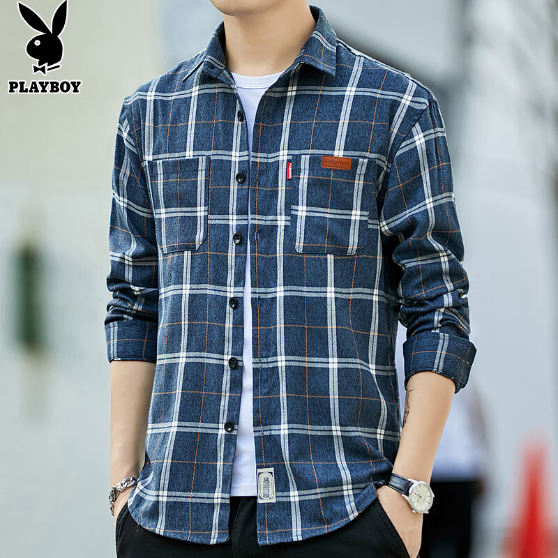 Playboy Long-Sleeve Shirt for Men, Loose Fit, Spring And Autumn Trendy Plaid Shi...