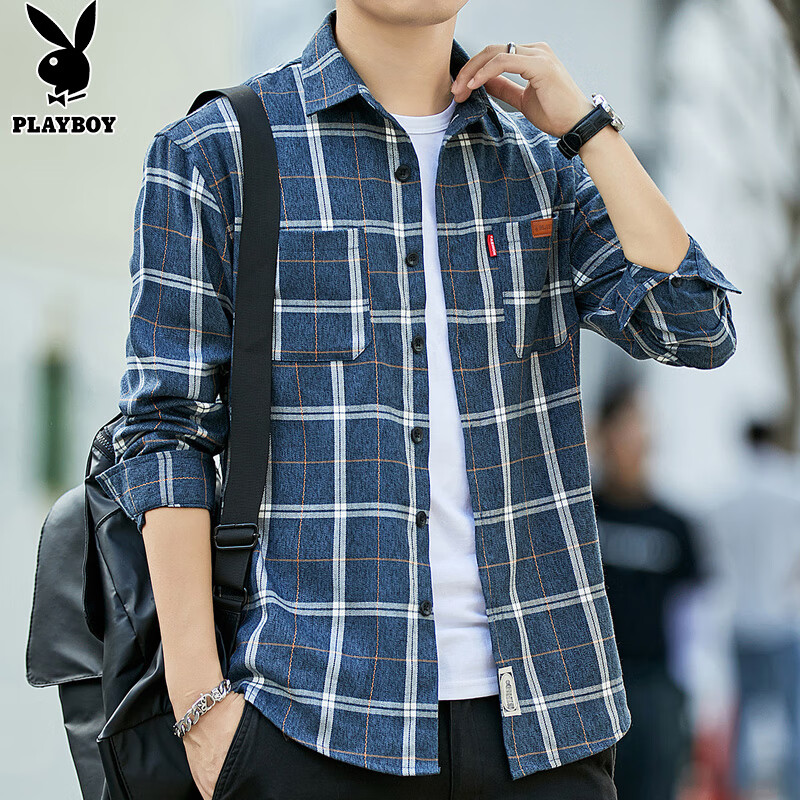 Playboy Long-Sleeve Shirt for Men, Loose Fit, Spring And Autumn Trendy Plaid Shi...