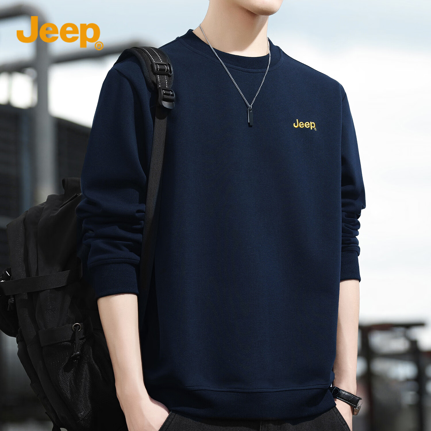 JEEP Sweatshirt for Men, Loose Embroidered Crew Neck Long-Sleeve T-Shirt, Casual...