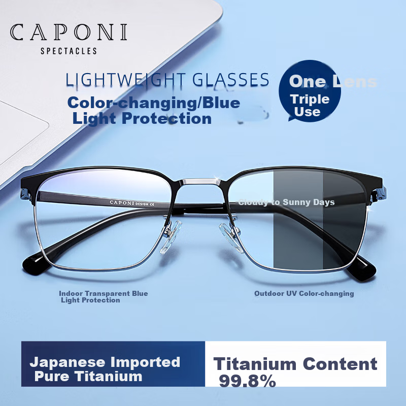 Jiaboli Color-changing Anti-Blue Light Glasses for Men, Pure Titanium Eyebrow Fr...