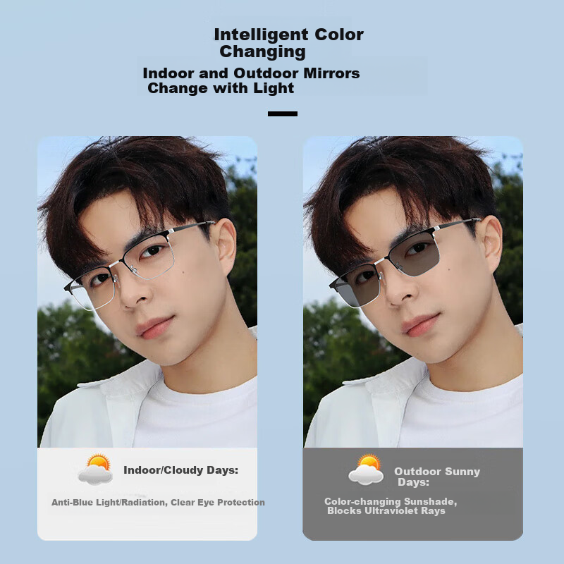 Jiaboli Color-changing Anti-Blue Light Glasses for Men, Pure Titanium Eyebrow Fr...