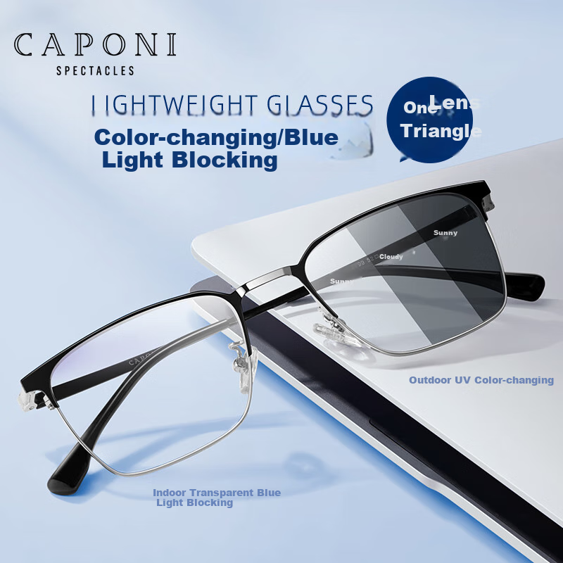 Jiaboli Color-changing Anti-Blue Light Glasses for Men, Pure Titanium Eyebrow Fr...