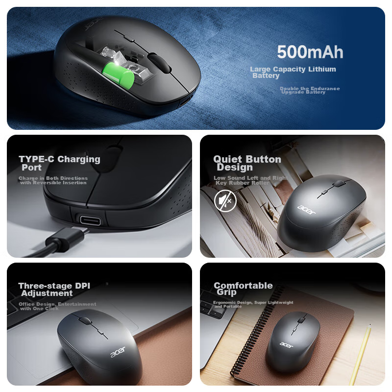 Acer Wireless 2.4GHz Office Mouse, Type-C Rechargeable, Symmetrical Mouse, Porta...