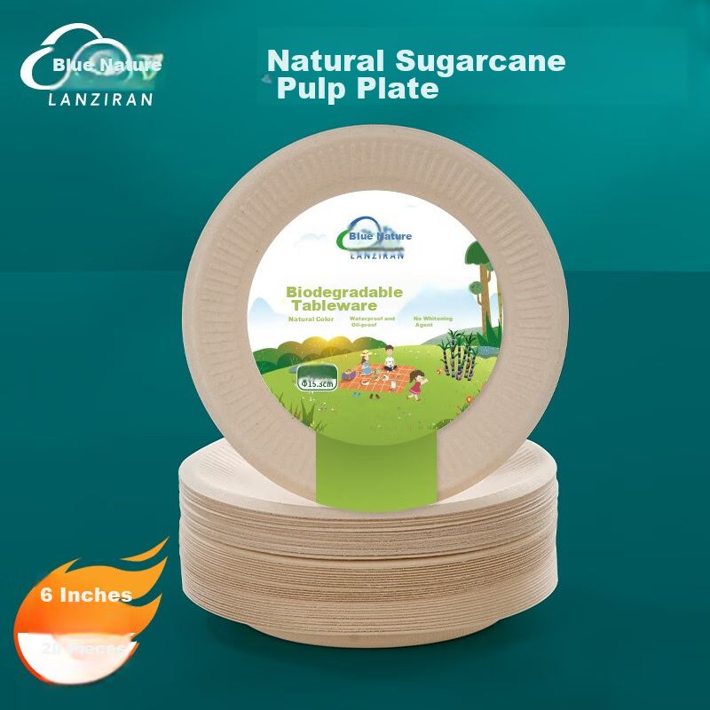 Lan Ziran Disposable Plates, 6 Inches, 20 Pieces, Natural Color, Sugarcane Pulp,...
