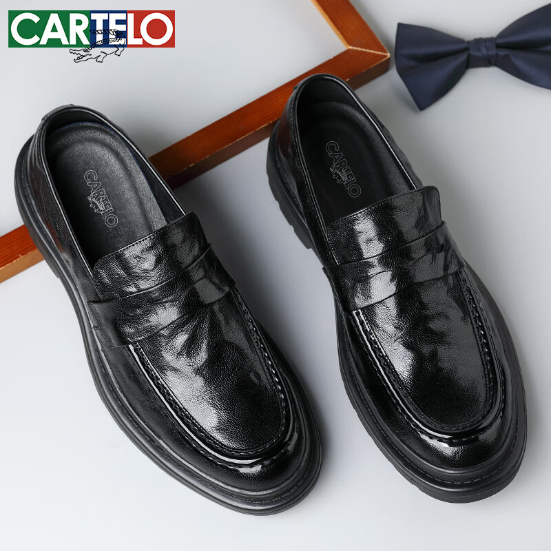 CARTELO Top-Grain Leather Men's Slip-On Casual Leather Shoes, Hand-Scraped Textu...