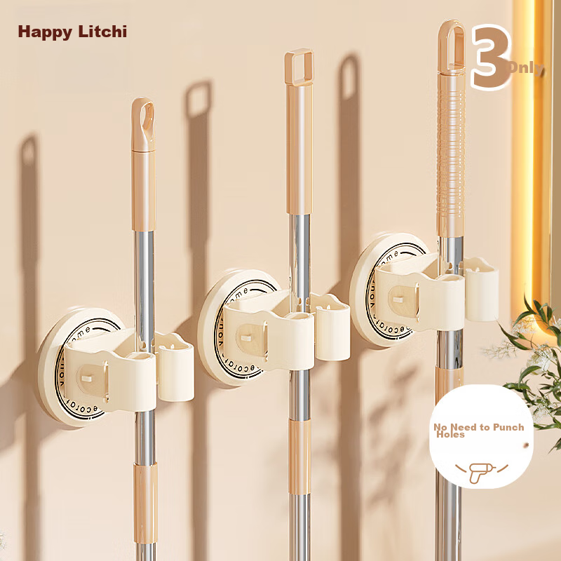 Leli Mop Hooks [3 Pieces], Bathroom No-Drill Storage Rack, Wall-Mounted Mop Clip...