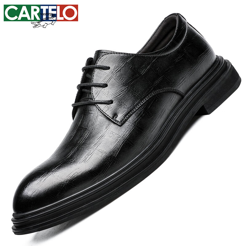 CARTELO Business Men's Leather Shoes, Vintage Distressed Plaid Formal Shoes, Low...
