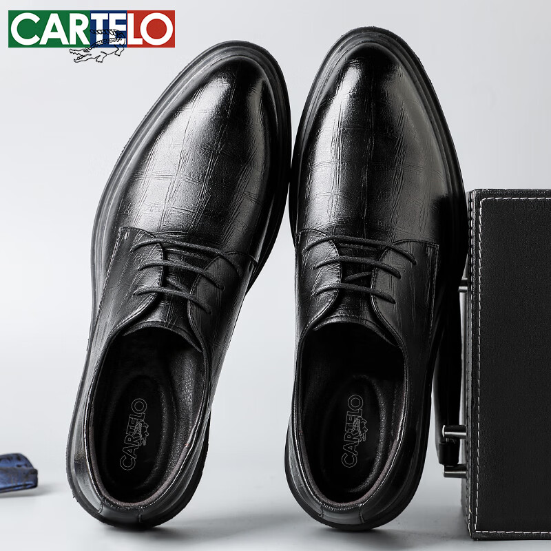 CARTELO Business Men's Leather Shoes, Vintage Distressed Plaid Formal Shoes, Low...