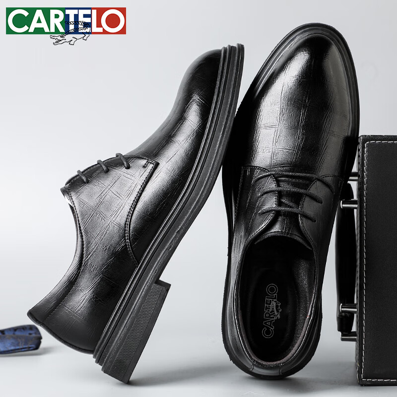 CARTELO Business Men's Leather Shoes, Vintage Distressed Plaid Formal Shoes, Low...